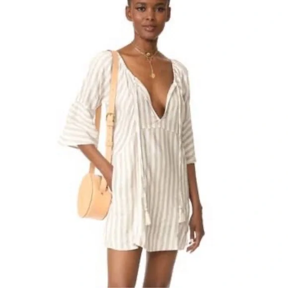 Free People | Dresses | Free People Folk Town Mini Dress Neutralcombo  Striped Tassel Tie Linen Size S | Poshmark